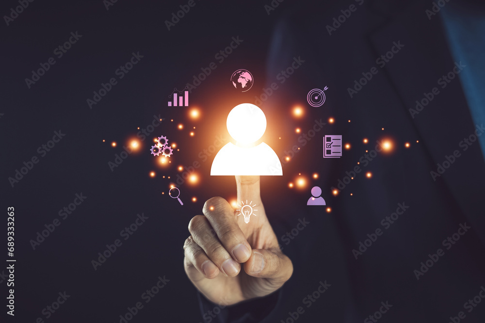Businesspeople touching on screen to target customer. Target customer, buyer persona, customer behavior concept. Marketing plan and strategies. Personalization marketing, customer centric strategies.