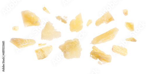 Tasty parmesan cheese in air on white background