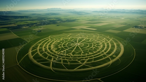 A mesmerizing, geometric pattern of crop circles across a vast expanse of farmland.