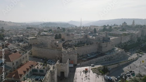 Aerial Footage of the Tower of David Citadel in the Old City of Jerusalem near the Jaffa Gate and the Old City Walls. Filmed in 4K Apple ProRes 422 HQ photo