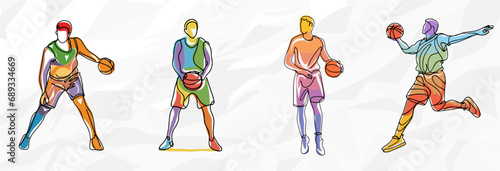 Basketball-Fever: Lineart Vektorgrafik-Bundle von Basketballspielern in bunten Outfits