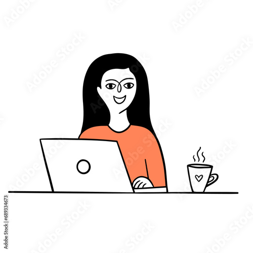 Happy girl character works at the computer.