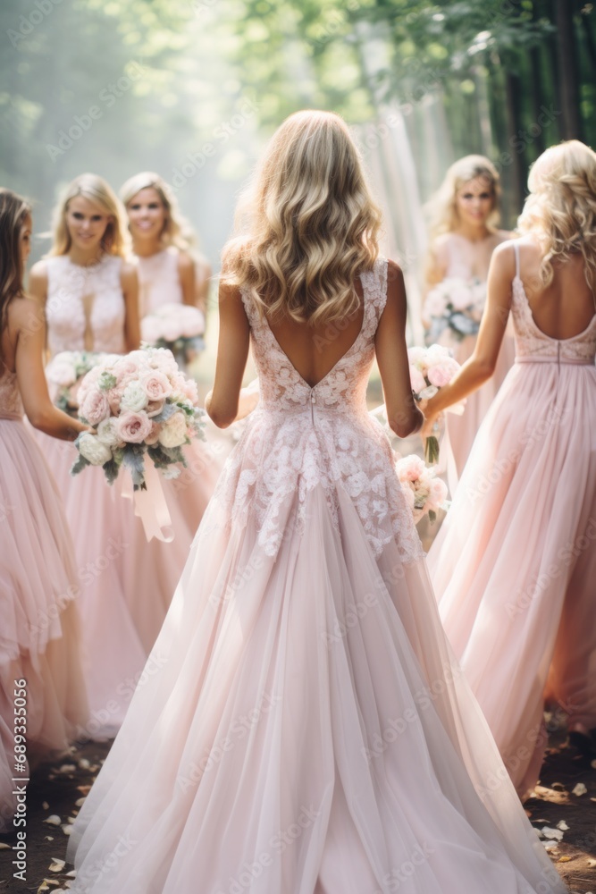 Bridesmaids in pink dresses and bride holding beautiful bouquets Bridesmaids in pink dresses and bride holding beautiful bouquets