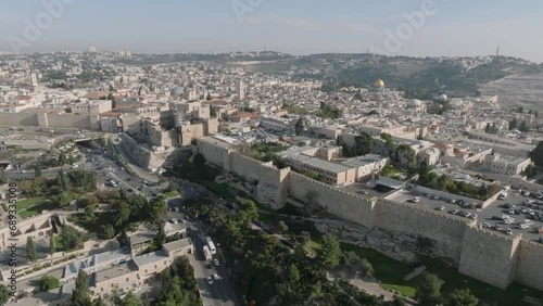 Wallpaper Mural Aerial Footage of the amazing old city in Jerusalem, the walls of the old city, the tower of David and the walls of the old city. The Temple Mount and Al-Aqsa Mosque are visible in the background Torontodigital.ca