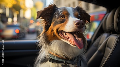 A cute dog in a car sits on the window seat, waiting for its owner. Moving animals in a car, caring for and traveling with a puppy in transport © Marynkka_muis
