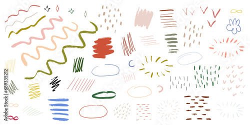 vector strokes and curly lines collection. Hand drawn scribbled banners with noisy texture. Curved smears. Scrawl elements isolated on white background.