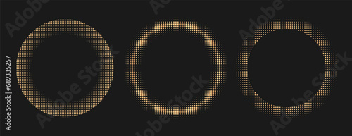 Halftone gold luxury style round frame set on black background. Dotted texture border 10 eps