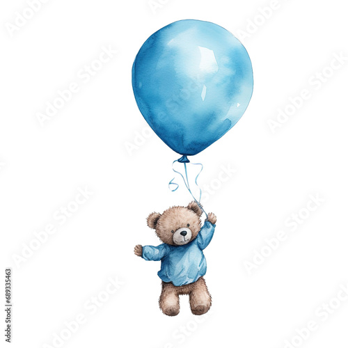 A teddy bear holding a blue balloon