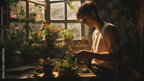 young man working in a greenhouse