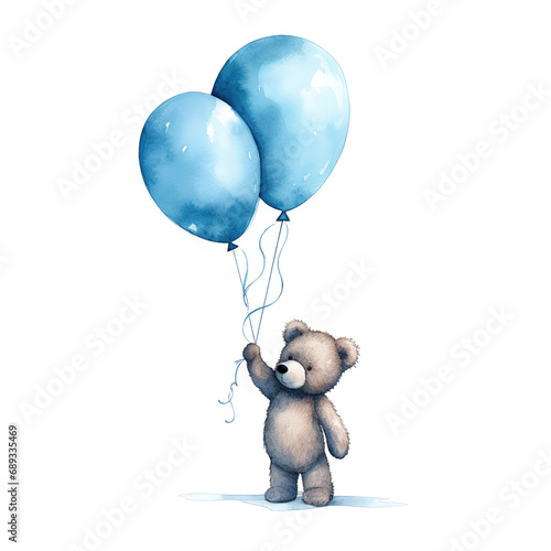 A teddy bear holding blue balloons