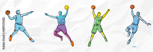Basketball-Fever: Lineart Vektorgrafik-Bundle von Basketballspielern in bunten Outfits