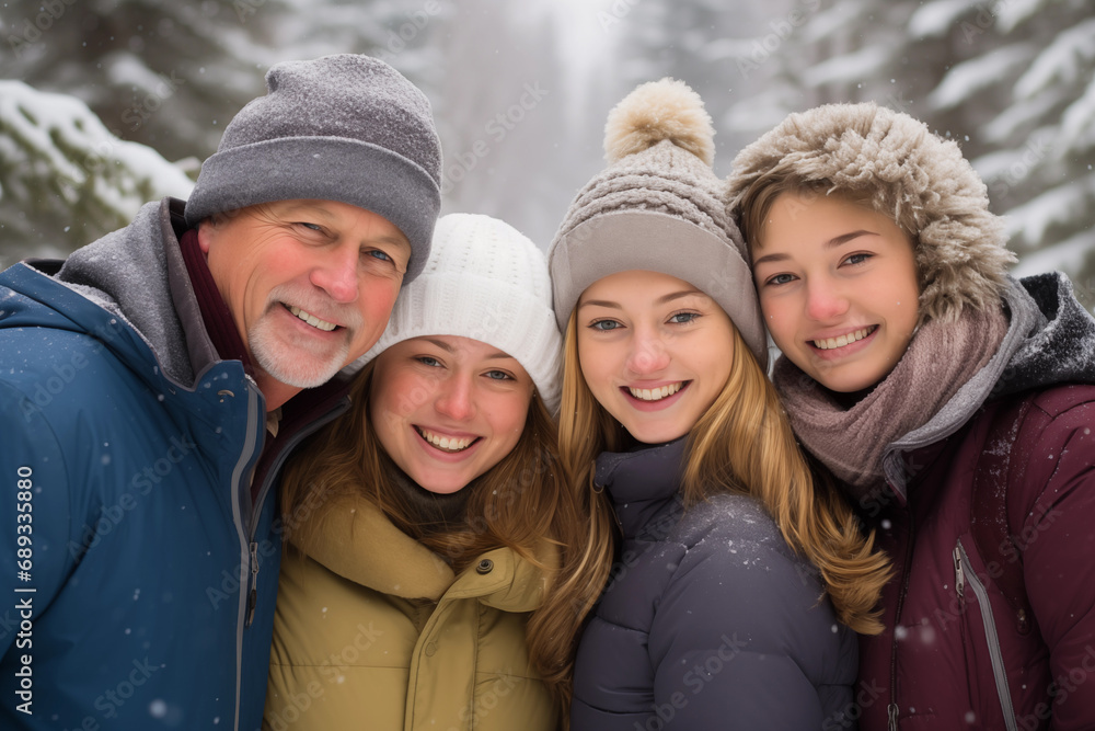 happy family in wintery outdoor with snowy background