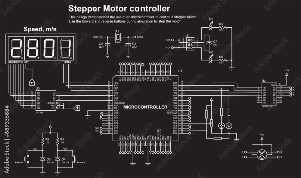 Schematic diagram of electronic device with motor 
operating under the control of a microcontroller.
Vector drawing electrical circuit with button, controller, lcd display
and electronic components.