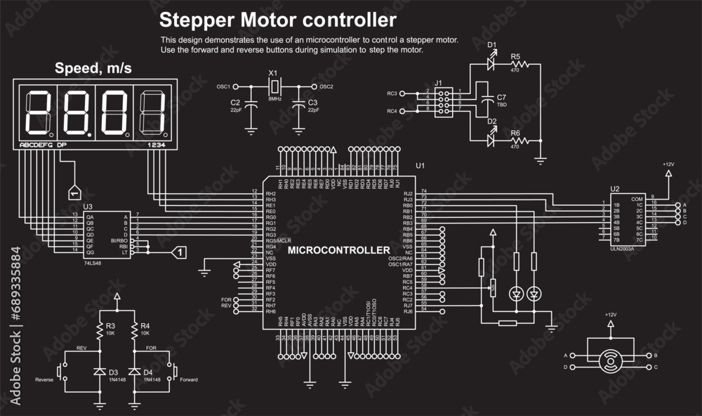 Schematic diagram of electronic device with motor
operating under the control of a microcontroller.
Vector drawing electrical circuit with button, controller, lcd display
and electronic components. Schematic diagram of electronic device with motor
operating under the control of a microcontroller.
Vector drawing electrical circuit with button, controller, lcd display
and electronic components.