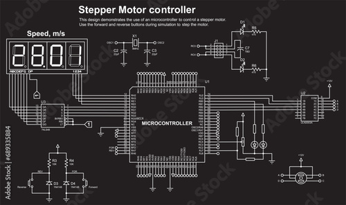 Schematic diagram of electronic device with motor 
operating under the control of a microcontroller.
Vector drawing electrical circuit with button, controller, lcd display
and electronic components.