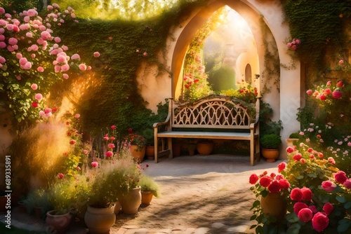 a magical secret garden featuring weathered amphorae and a grand arch adorned with climbing roses, a cozy bench nestled in a corner surrounded by vibrant blooms