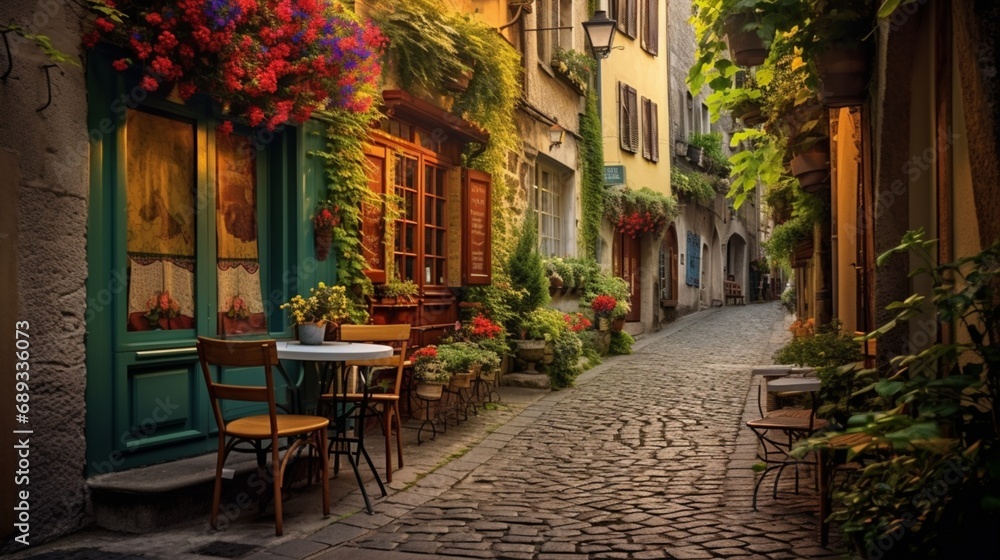 A quaint, European-style cobblestone alleyway adorned with colorful shutters, flower-filled window boxes, and cozy cafes.