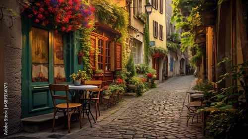 A quaint, European-style cobblestone alleyway adorned with colorful shutters, flower-filled window boxes, and cozy cafes. © Muhammad