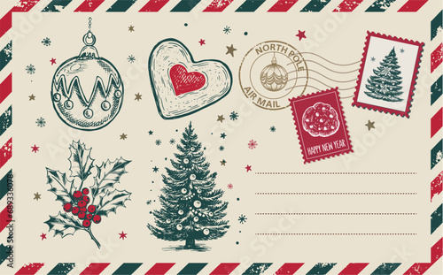 Christmas mail, postcard, hand drawn illustration.	
