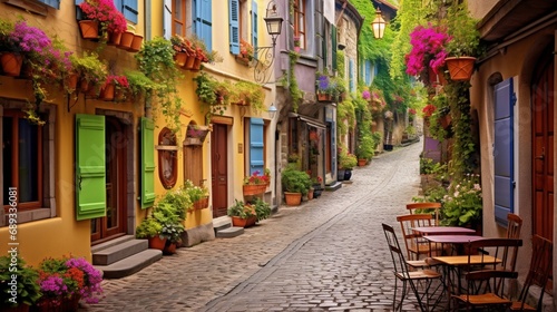 A quaint, European-style cobblestone alleyway adorned with colorful shutters, flower-filled window boxes, and cozy cafes. © Muhammad