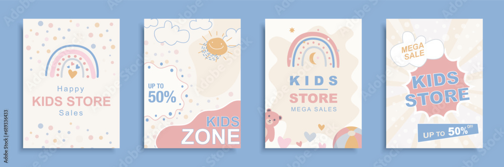 Kids store sale cover brochure set in flat design. Poster templates with discount promotion and special offer cards with cute hand drawn rainbows for clearance in children shop. Vector illustration. - obrazy, fototapety, plakaty 