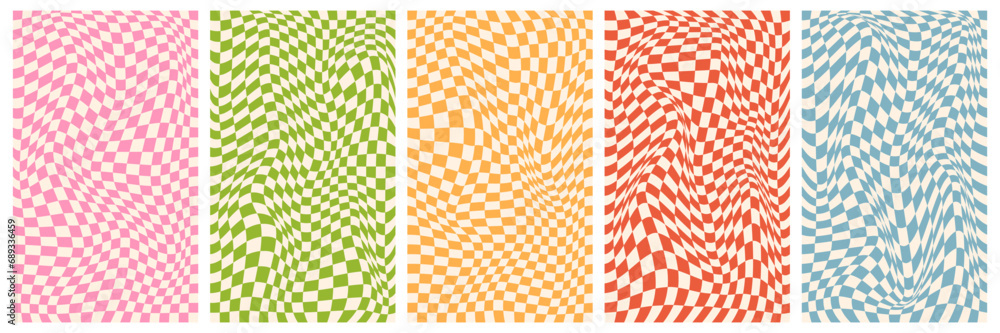 A set of groovy backgrounds and checkered posters. Distorted and twisted patterns. Prisychedelic vibes of hippie and 60's and 70's. Vector illustration. - obrazy, fototapety, plakaty 