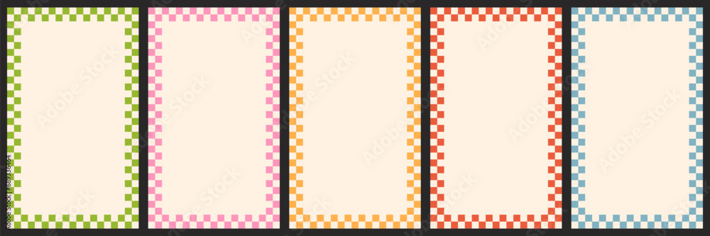 A set of groovy backgrounds and checkered posters. Templates for postcards and posters. Prisychedelic vibes of hippies and 60s and 70s. Vector illustration.