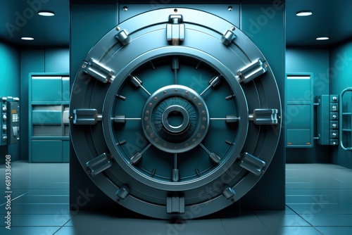 Bank vault realistic composition with view of safe storage entrance with massive circle shaped locking door