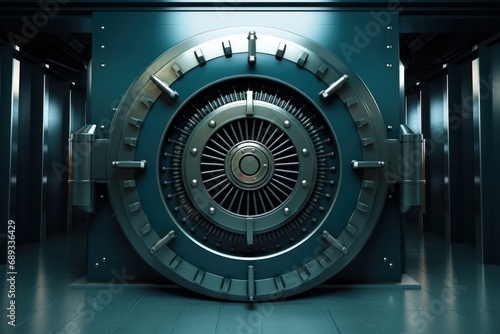 Bank vault realistic composition with view of safe storage entrance with massive circle shaped locking door photo