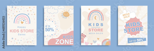 Kids store sale cover brochure set in flat design. Poster templates with discount promotion and special offer cards with cute hand drawn rainbows for clearance in children shop. Vector illustration. photo