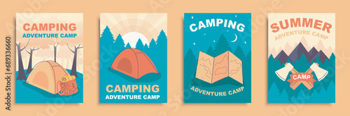Summer camping cover brochure set in flat design. Poster templates with campsite tent and touristic backpack in forest, hiking route on map, adventure weekend in outdoor trip. Vector illustration. photo