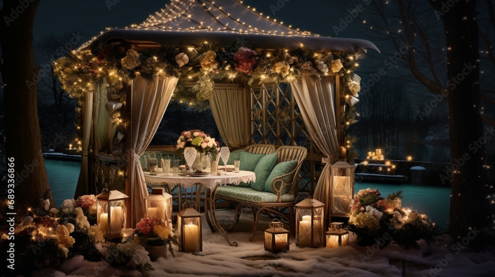 A romantic candle-lit garden gazebo, with an array of confectionery delights and champagne on ice.