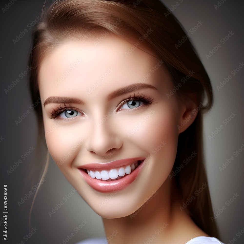 front view, a young woman with exquisite makeup smiling at the camera, revealing her bright and beautiful teeth., isolated on gray background. front view, a young woman with exquisite makeup smiling at the camera, revealing her bright and beautiful teeth., isolated on gray background.