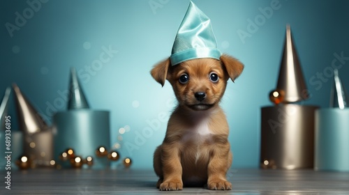 A puppy in a festive cap against the background of decorations and gift boxes. Banner with copy space  Concept  greeting card