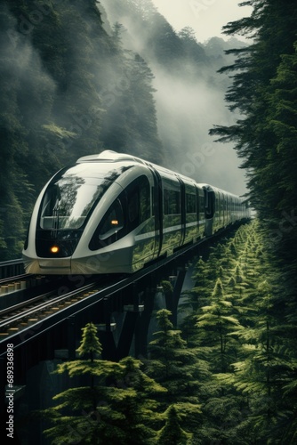 image of a high speed train coming out of the fog