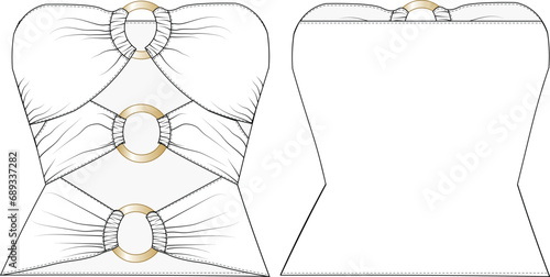 low-cut and looped gathered strapless sleeveless blouse template technical drawing flat sketch cad mockup fashion woman
