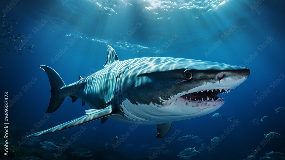 A formidable great white shark swims in the blue depths of the ocean, Concept: the strength and majesty of a sea predator A formidable great white shark swims in the blue depths of the ocean, Concept: the strength and majesty of a sea predator