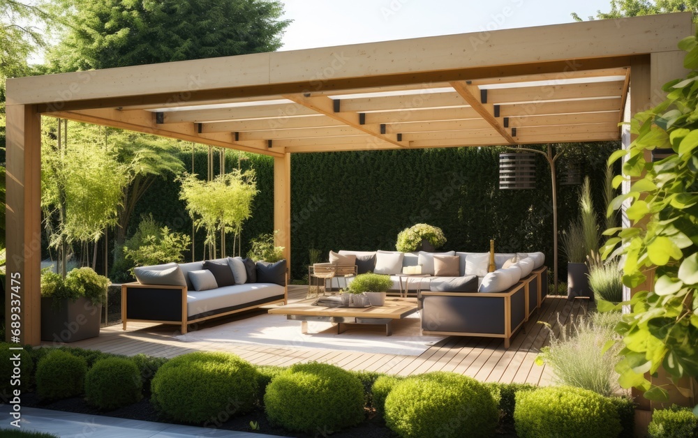 Green garden outdoor patio with wooden pergola and comfortable seating Green garden outdoor patio with wooden pergola and comfortable seating
