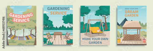 Gardening service cover brochure set in flat design. Poster templates with outdoor furnitures, wooden gazebo, summer terrace with greenery for backyard landscaping business. Vector illustration