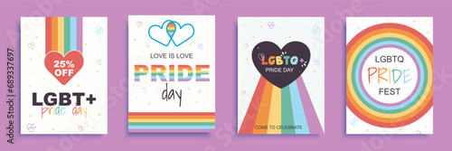 LGBT pride day cover brochure set in flat design. Poster templates with rainbow flags and hearts, love freedoms and rights equality signs, LGBTQ community symbols for parades. Vector illustration