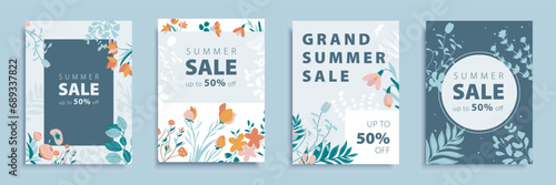 Summer sales cover brochure set in flat design. Poster templates with seasonal shopping clearance and discount offer cards with blooming flowers, wildflowers, leaves and plants. Vector illustration