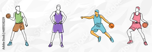 Farbenfrohe Ballkünstler: Lineart Vektorgrafik-Bundle von Basketballspielern in bunten Outfits