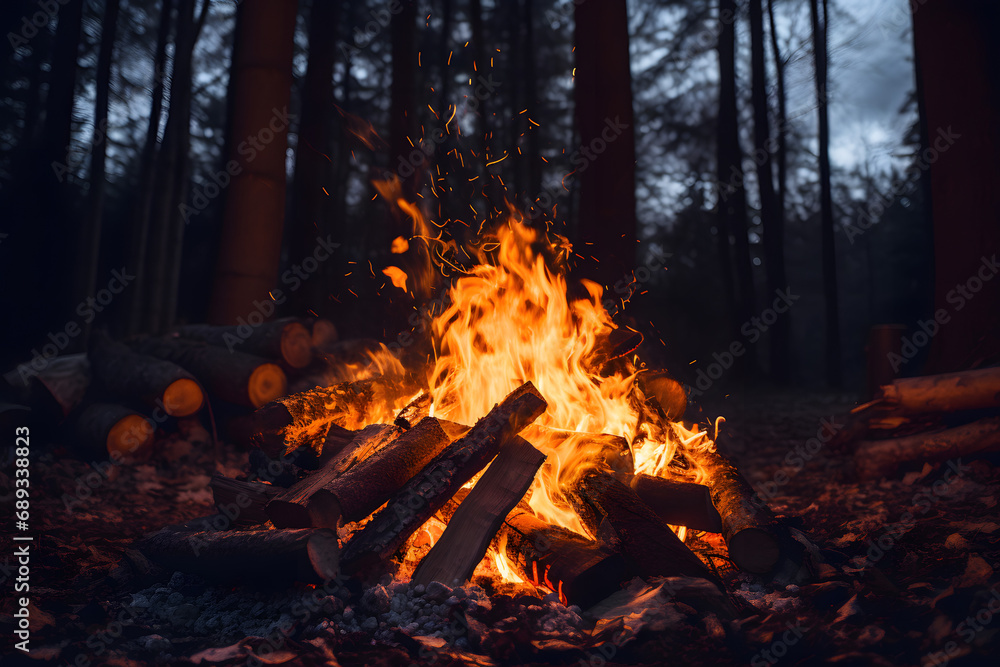camp fire in the woods, fire, campfire, woods, burning pile of wood ...