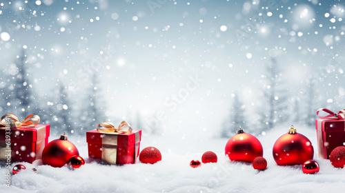 Christmas background with red gift boxes and red baubles on snow © mila103