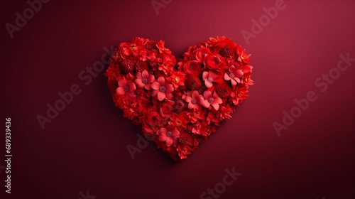 AI generated illustration of a red heart made of flowers on a red background photo