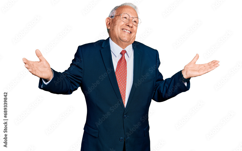 Senior man with grey hair wearing business suit and glasses clueless and confused expression with arms and hands raised. doubt concept. Senior man with grey hair wearing business suit and glasses clueless and confused expression with arms and hands raised. doubt concept.