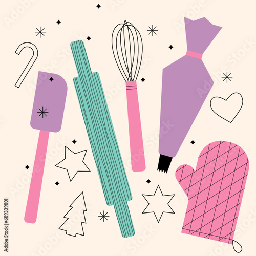 Dessert ingredients and utensils in pastel colors. Baking cookies. Flat vector illustration isolated. Trendy abstract style. Sweet food, family culinary, holiday baking. Top view. Cooking school.