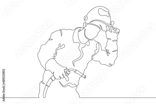 Welder worker. Welding metals at a construction site. Specialist welder in work clothes. One continuous line drawing. Linear. Hand drawn, white background. One line.