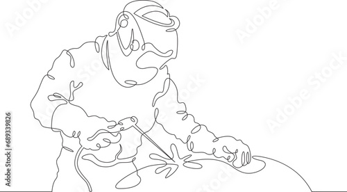 Welder worker. Welding metals at a construction site. Specialist welder in work clothes. One continuous line drawing. Linear. Hand drawn, white background. One line.