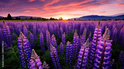 A field of vibrant purple lupines swaying in the breeze.